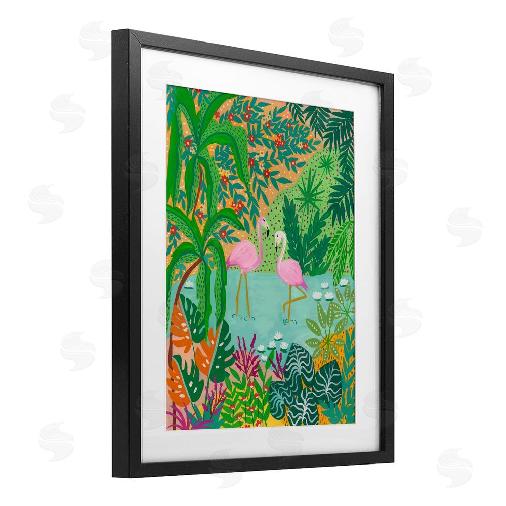 Nabeela Rumi Flamingos in Dotted Pond Black Framed Print Under Glass with Mat Wall Art