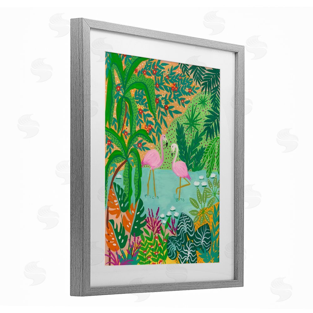 Nabeela Rumi Flamingos in Dotted Pond Gray Framed Print Under Glass with Mat Wall Art