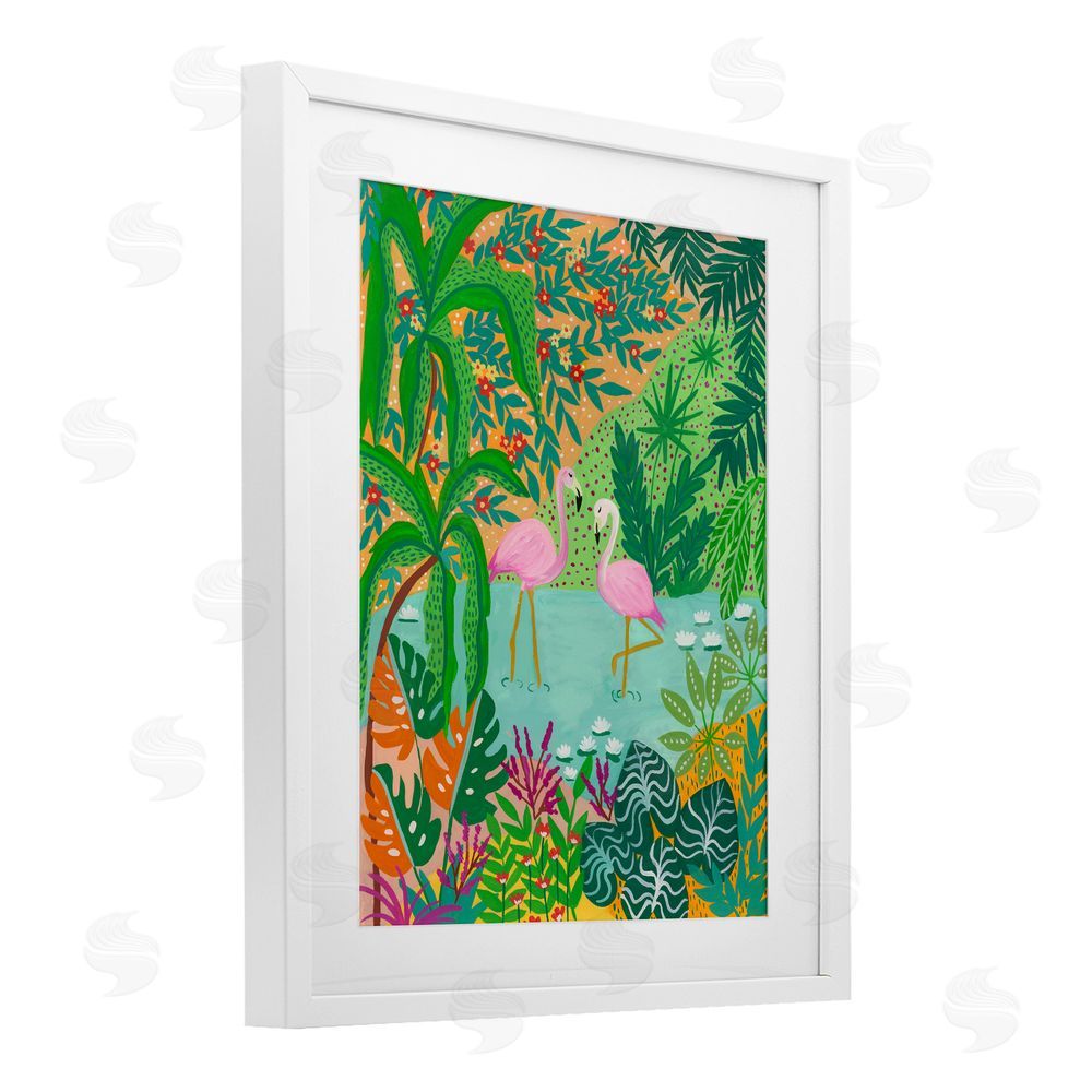Nabeela Rumi Flamingos in Dotted Pond White Framed Print Under Glass with Mat Wall Art
