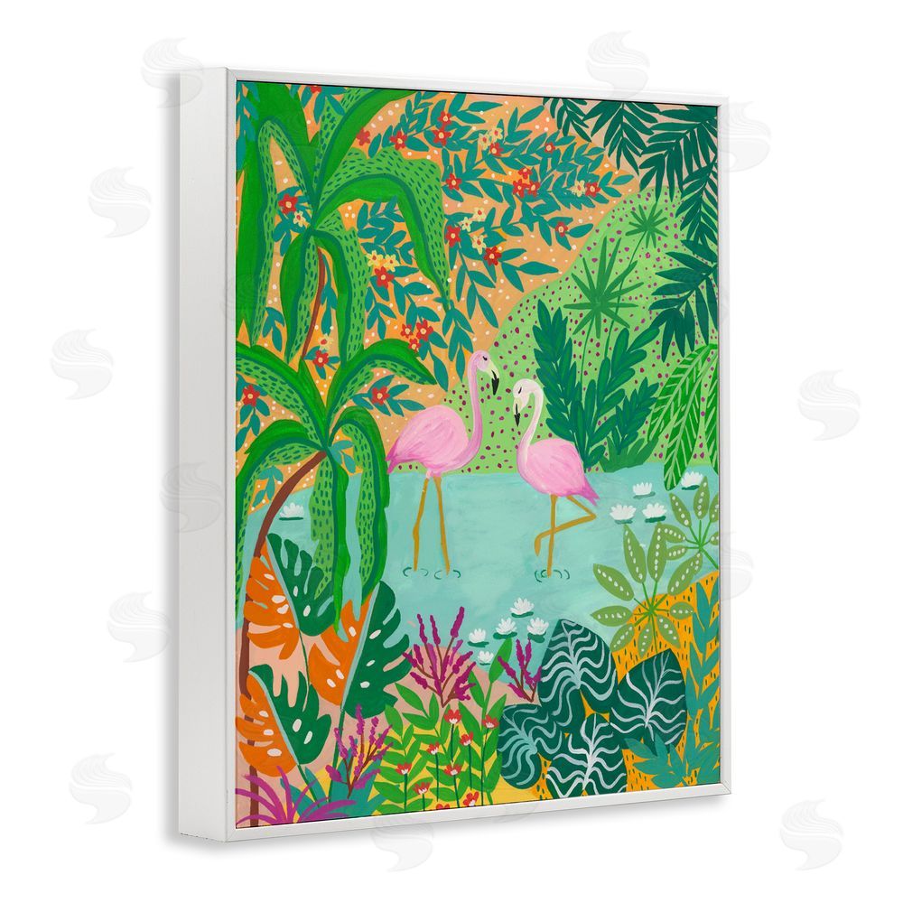 Nabeela Rumi Flamingos in Dotted Pond White Framed Giclee Wall Art Print