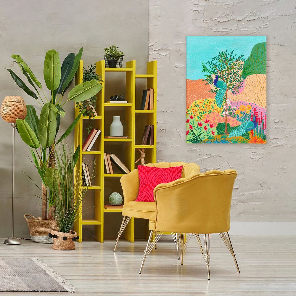 Nabeela Rumi Peacocks in Dotted Meadow Stretched Canvas Wall Art Print in Room