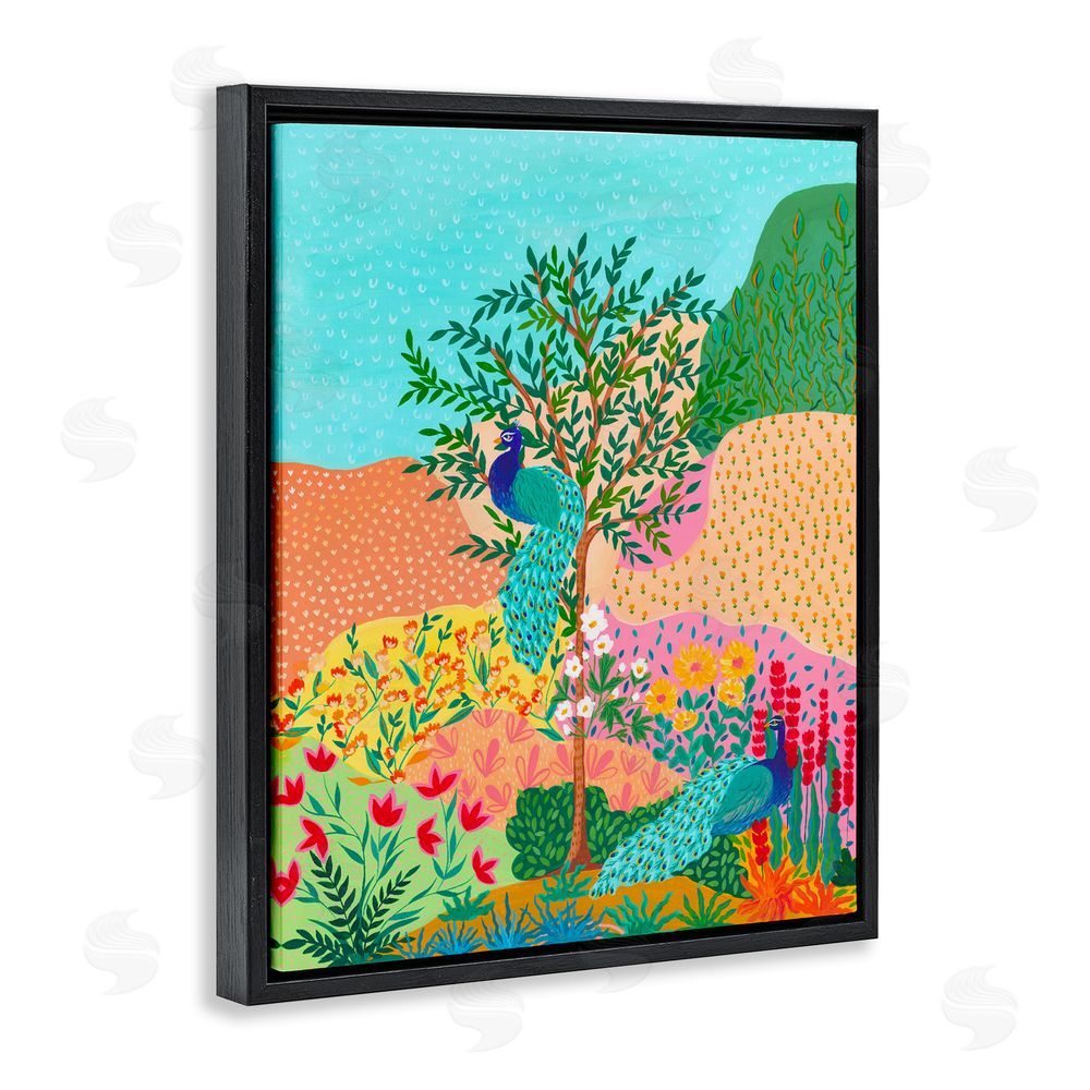 Nabeela Rumi Peacocks in Dotted Meadow Black Floating Frame Canvas Wall Art Print