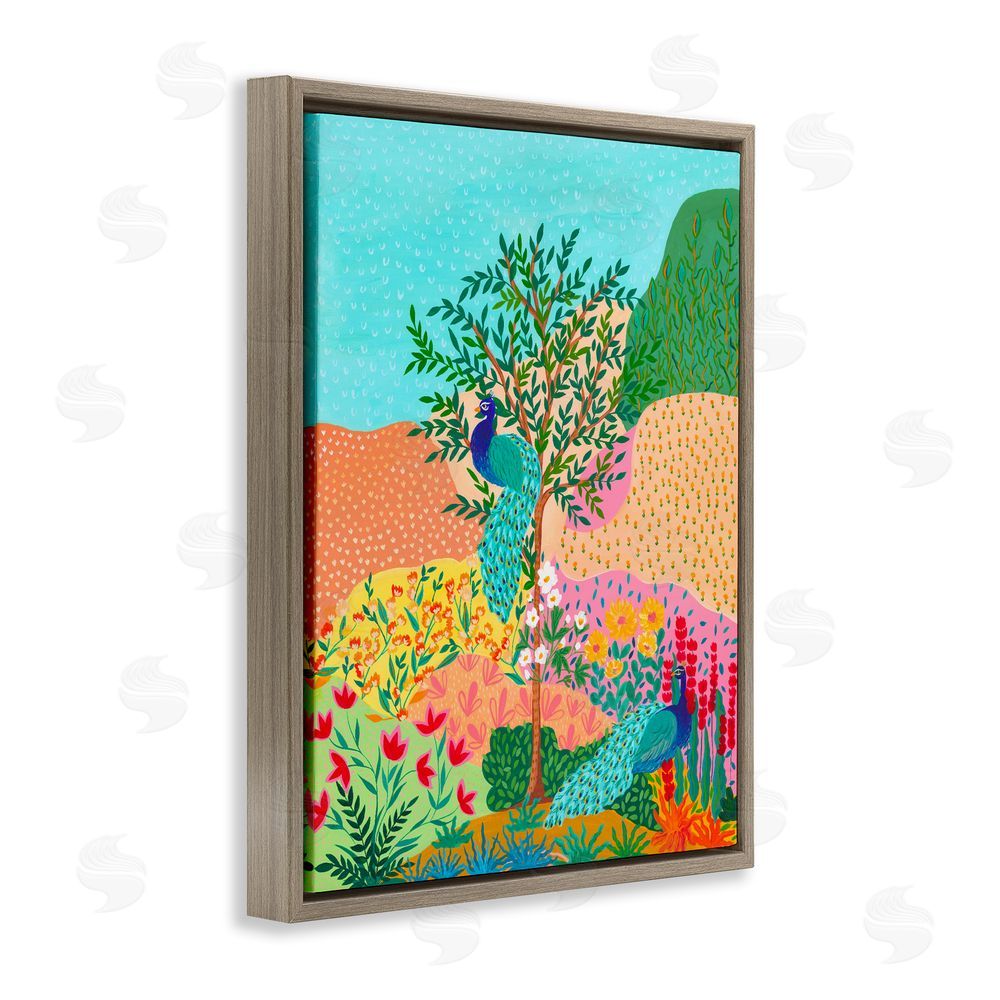Nabeela Rumi Peacocks in Dotted Meadow Brown Floating Frame Canvas Wall Art Print