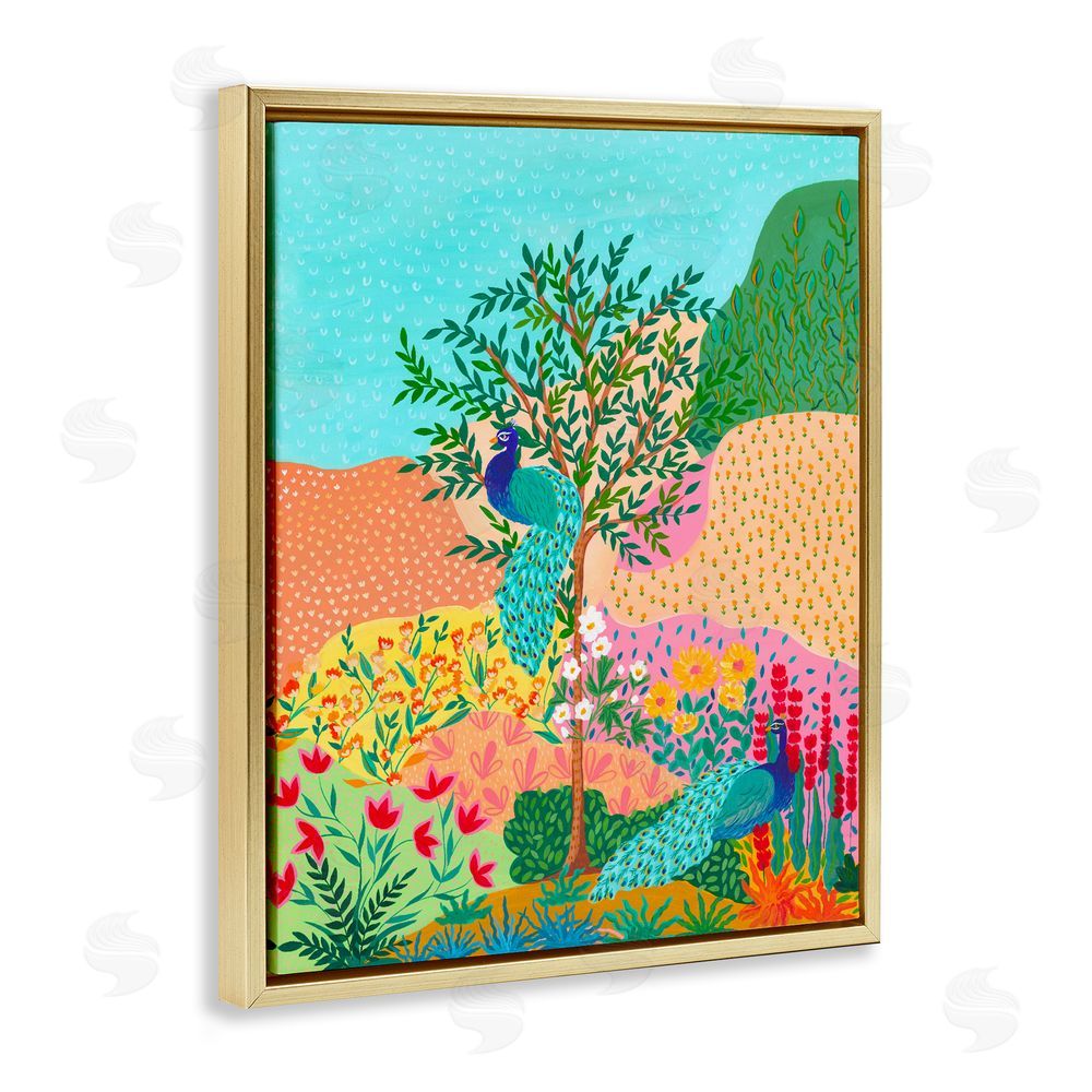 Nabeela Rumi Peacocks in Dotted Meadow Gold Floating Frame Canvas Wall Art Print