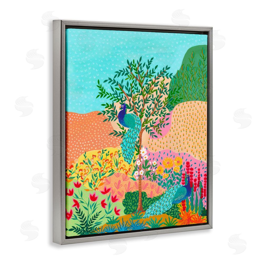 Nabeela Rumi Peacocks in Dotted Meadow Gray Floating Frame Canvas Wall Art Print