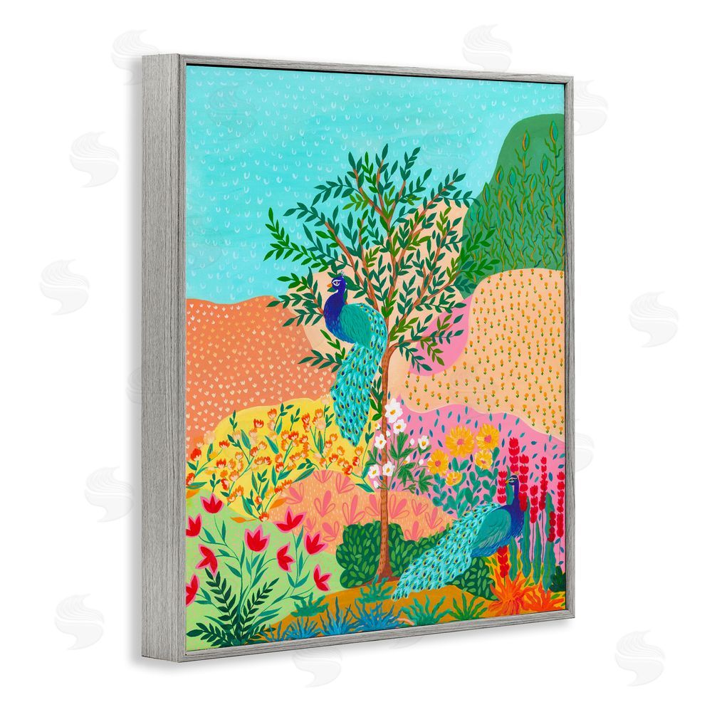 Nabeela Rumi Peacocks in Dotted Meadow Gray Framed Giclee Wall Art Print