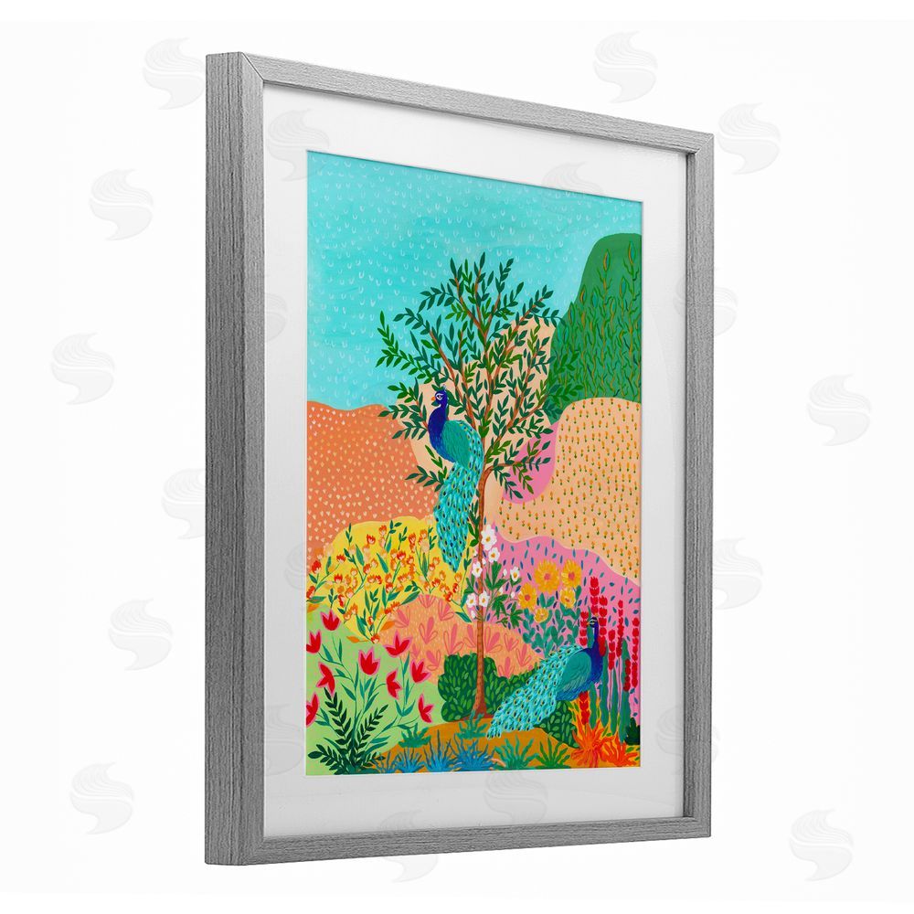 Nabeela Rumi Peacocks in Dotted Meadow Gray Framed Print Under Glass Wall Art