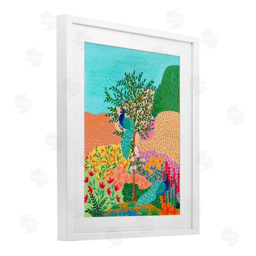 Nabeela Rumi Peacocks in Dotted Meadow White Framed Print Under Glass Wall Art