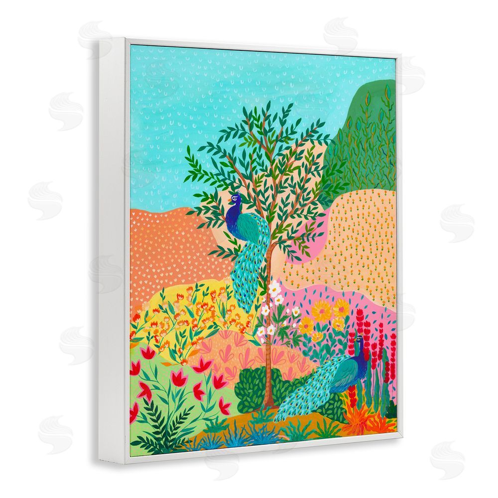 Nabeela Rumi Peacocks in Dotted Meadow White Framed Giclee Wall Art Print