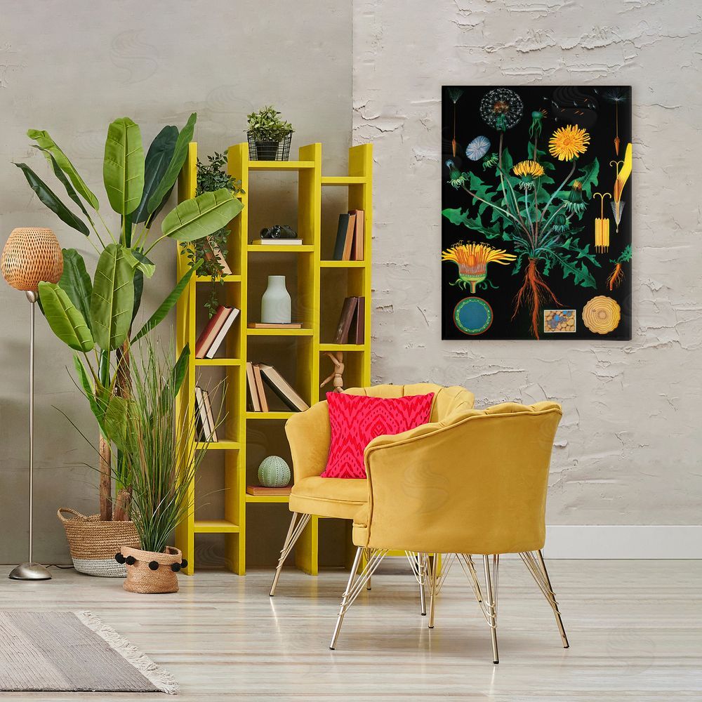 Vintage Hustle Dandelion Botanical Illustration Stretched Canvas Wall Art Print in Room