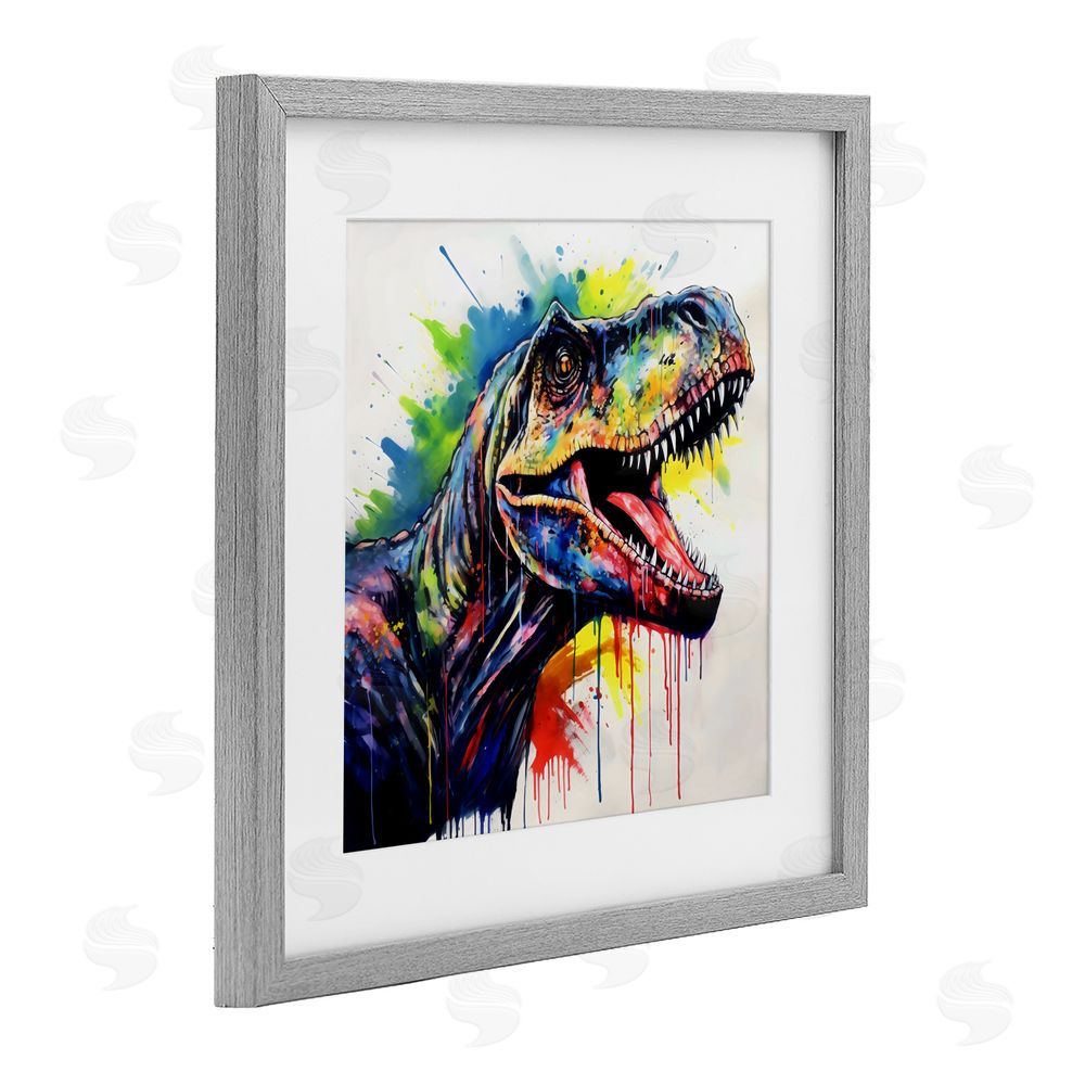 Creative Studio Colorful T-Rex Roaring Gray Framed Print Under Glass Wall Art