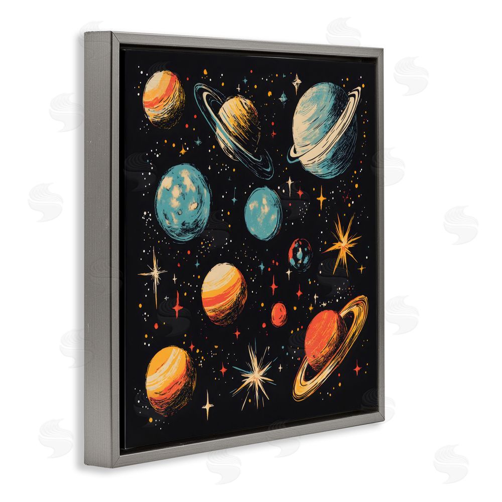 Creative Studio Colorful Retro Planets Gray Floating Frame Canvas Wall Art Print