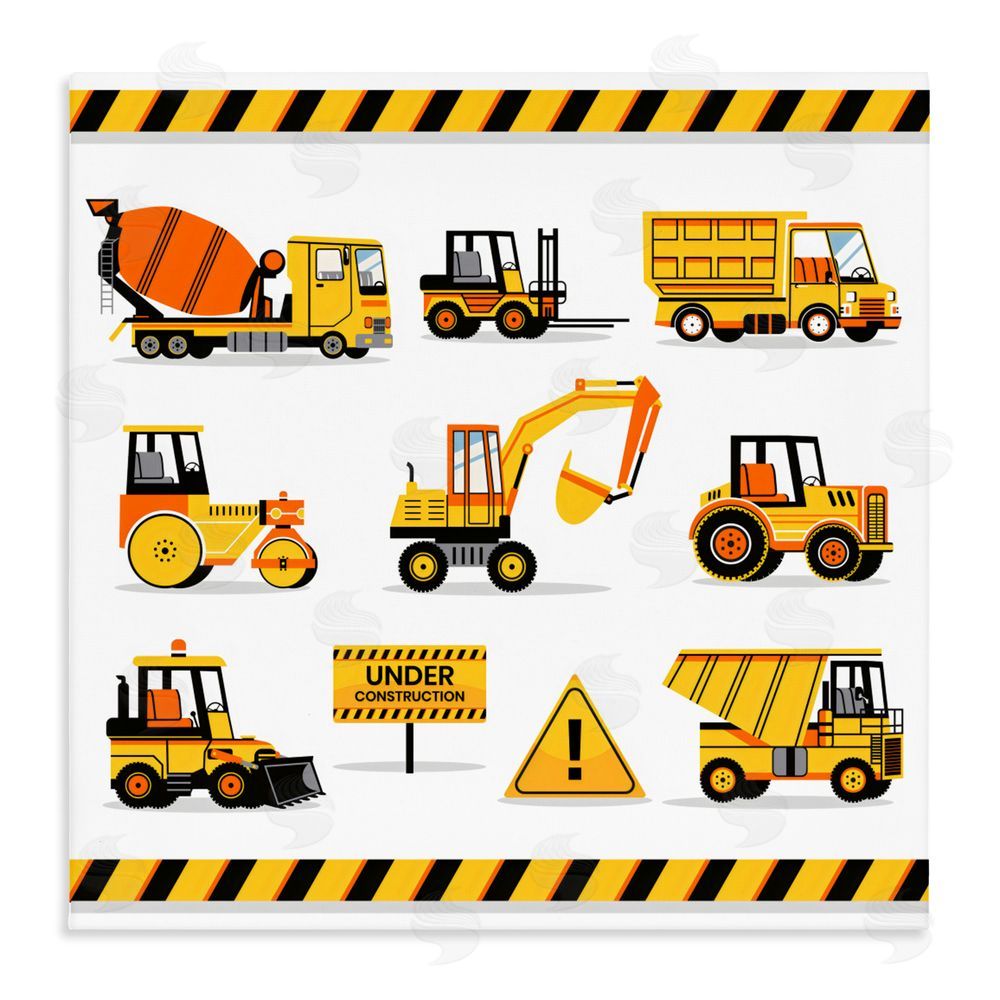 Creative Studio Construction Vehicles with Warning Stretched Canvas Wall Art Print