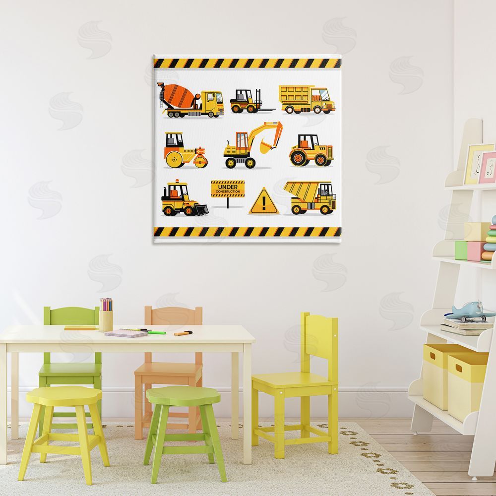 Creative Studio Construction Vehicles with Warning Stretched Canvas Wall Art in Room