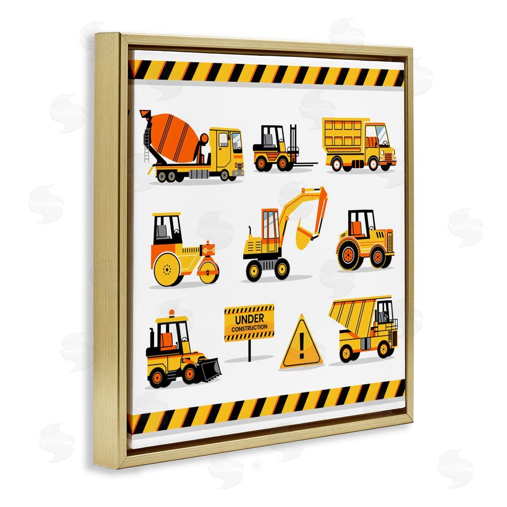 Creative Studio Construction Vehicles with Warning Gold Floating Frame Canvas Wall Art Print