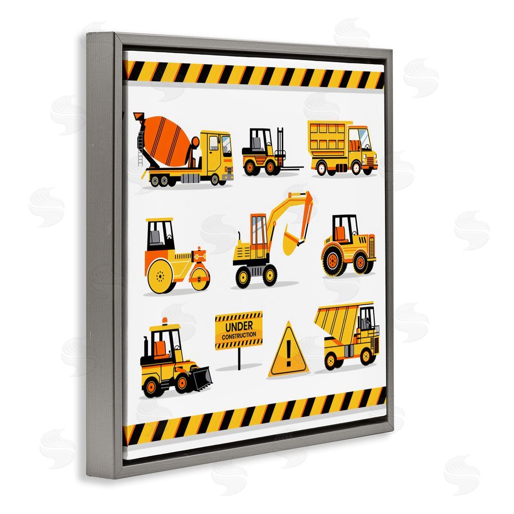 Creative Studio Construction Vehicles with Warning Gray Floating Frame Canvas Wall Art Print