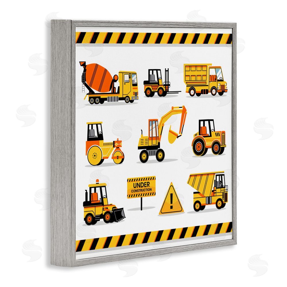 Creative Studio Construction Vehicles with Warning Gray Framed Giclee Wall Art Print