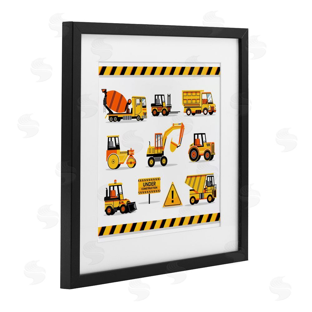 Creative Studio Construction Vehicles with Warning Black Framed Print Under Glass Wall Art