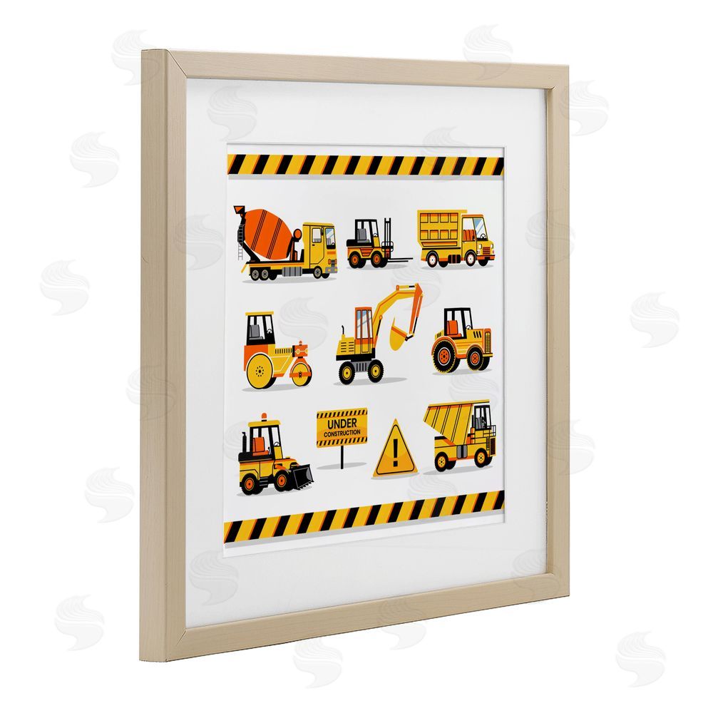 Creative Studio Construction Vehicles with Warning Birch Framed Print Under Glass Wall Art