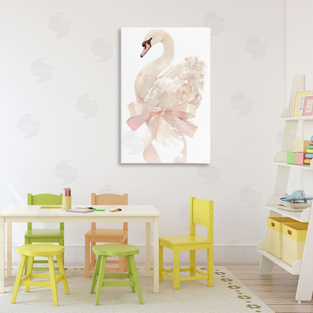 Creative Studio Coquette Swan with Bow Stretched Canvas Wall Art in Room