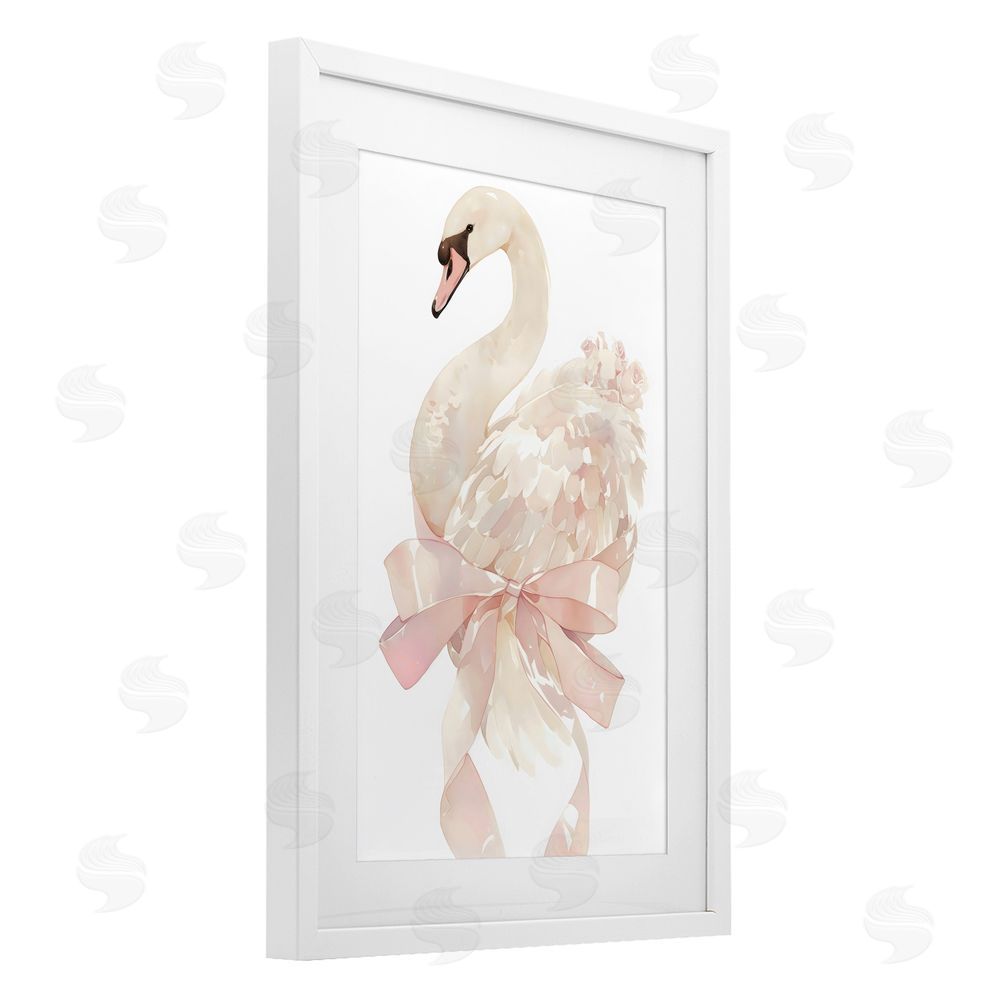 Creative Studio Coquette Swan with Bow White Framed Print Under Glass Wall Art