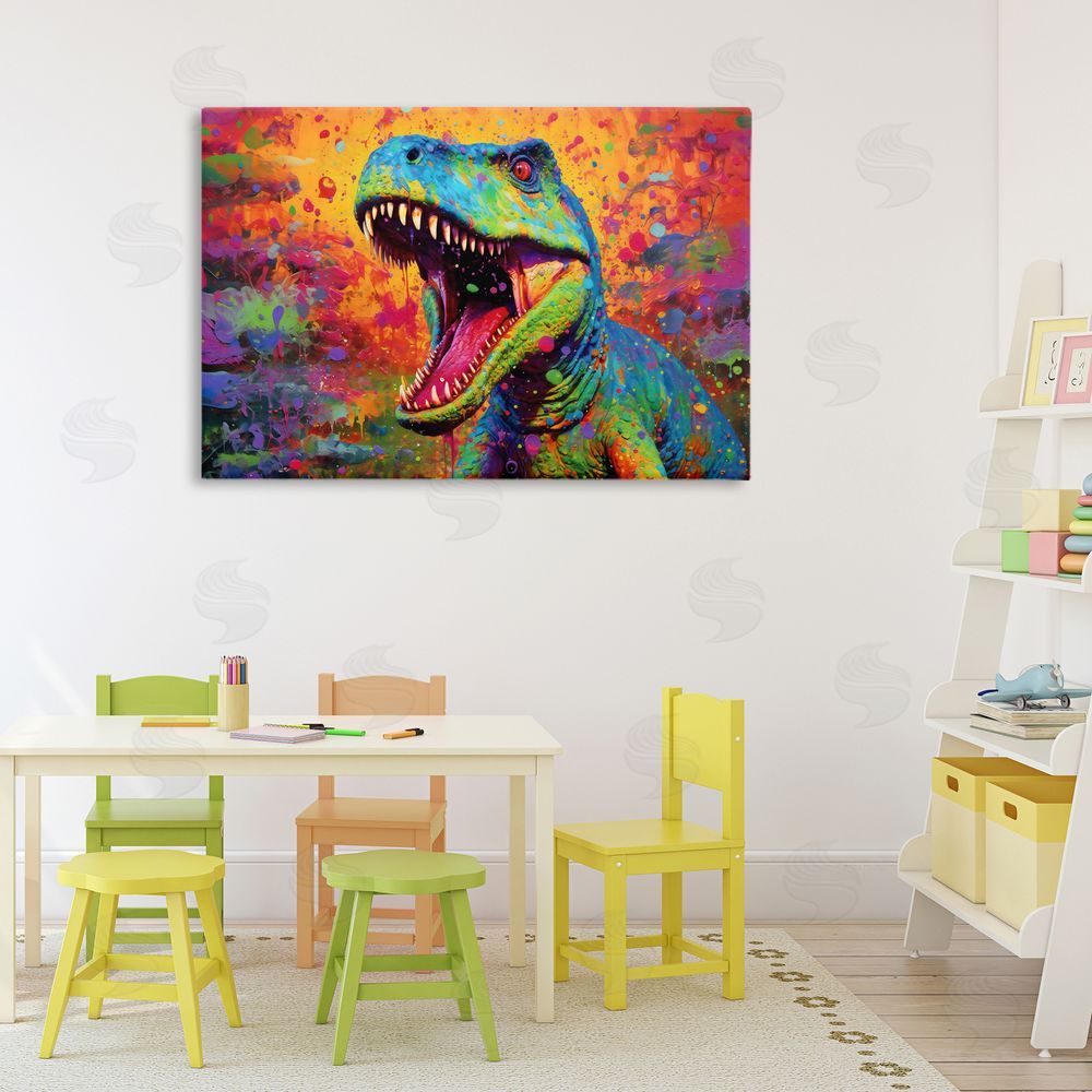 Creative Studio Colorful T-Rex with Splatter Stretched Canvas Wall Art in Room