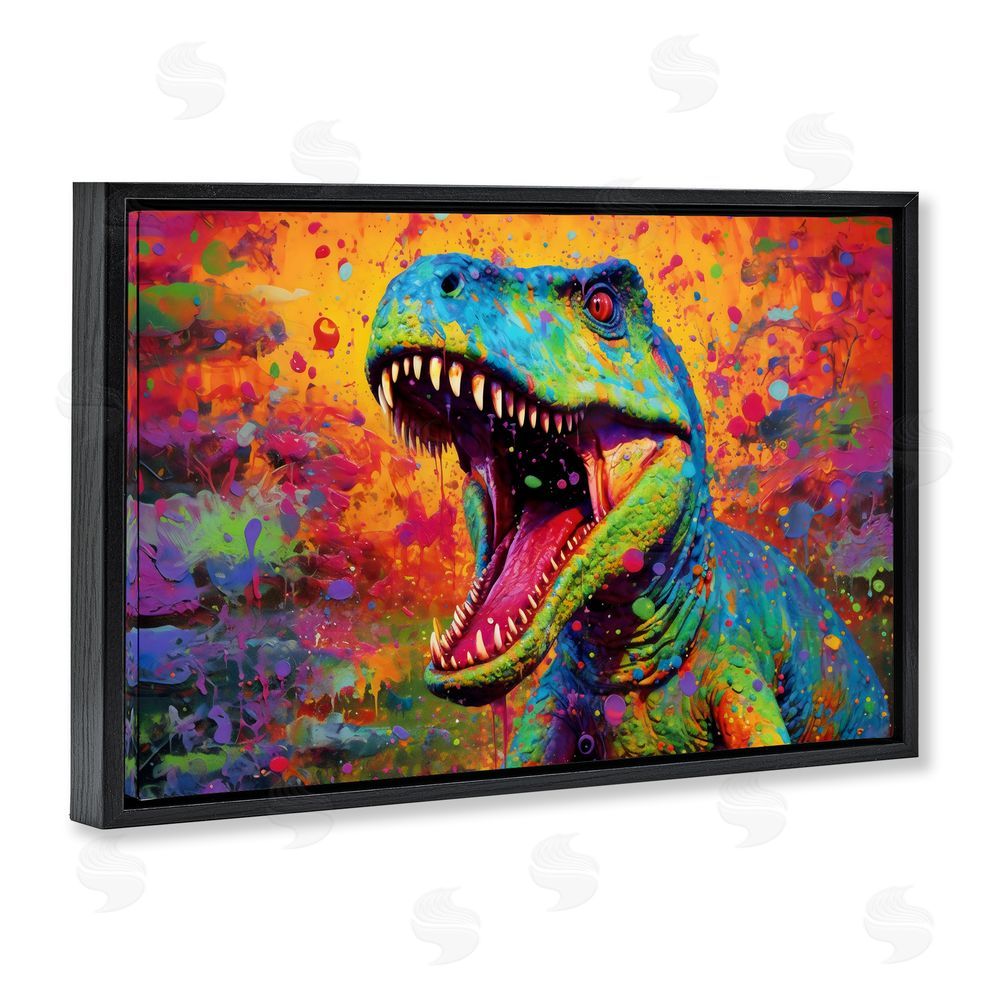 Creative Studio Colorful T-Rex with Splatter Black Floating Frame Canvas Wall Art Print