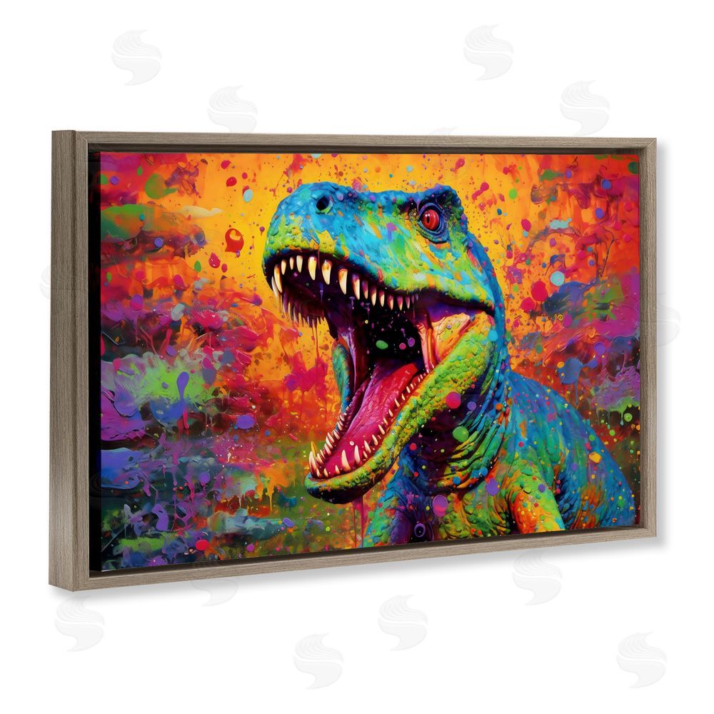 Creative Studio Colorful T-Rex with Splatter Brown Floating Frame Canvas Wall Art Print