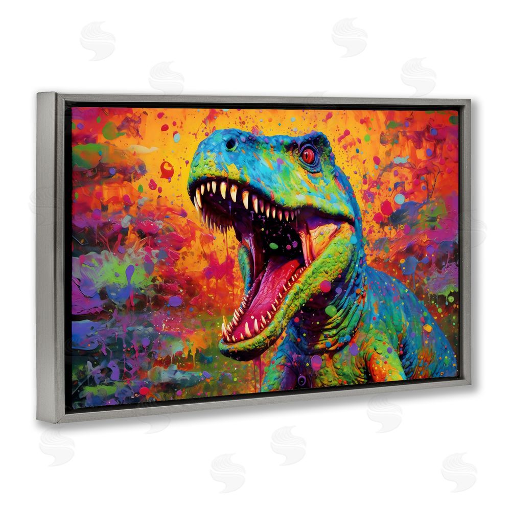 Creative Studio Colorful T-Rex with Splatter Gray Floating Frame Canvas Wall Art Print