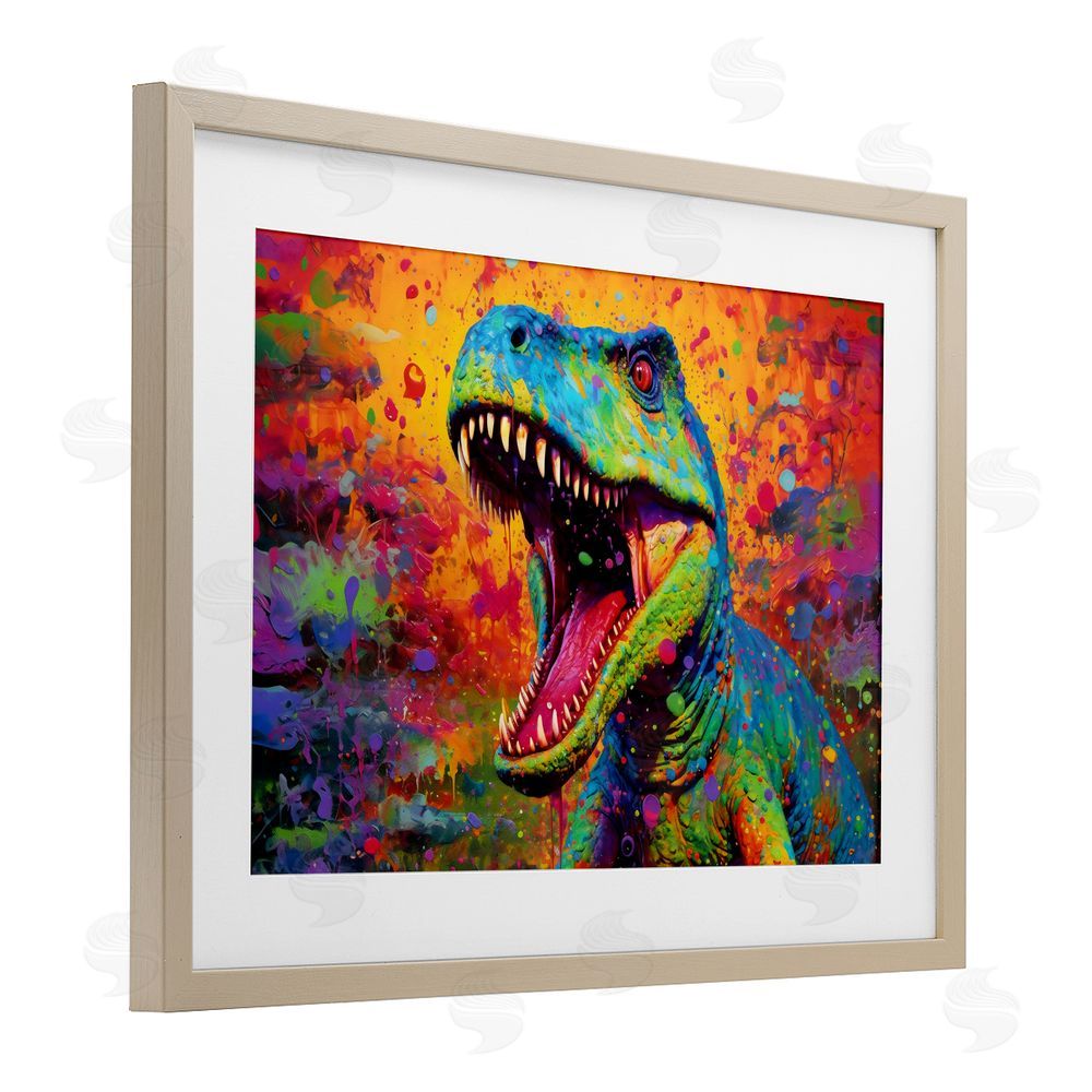 Creative Studio Colorful T-Rex with Splatter Birch Framed Print Under Glass Wall Art