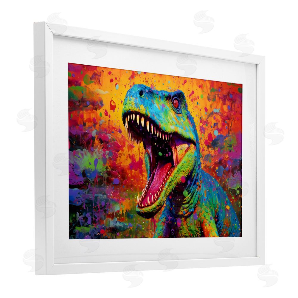 Creative Studio Colorful T-Rex with Splatter White Framed Print Under Glass Wall Art