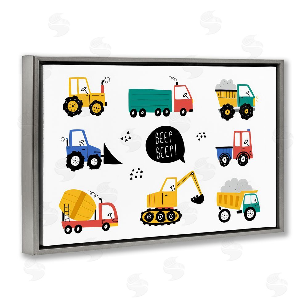 Creative Studio Beep Construction Vehicles Gray Floating Frame Canvas Wall Art Print