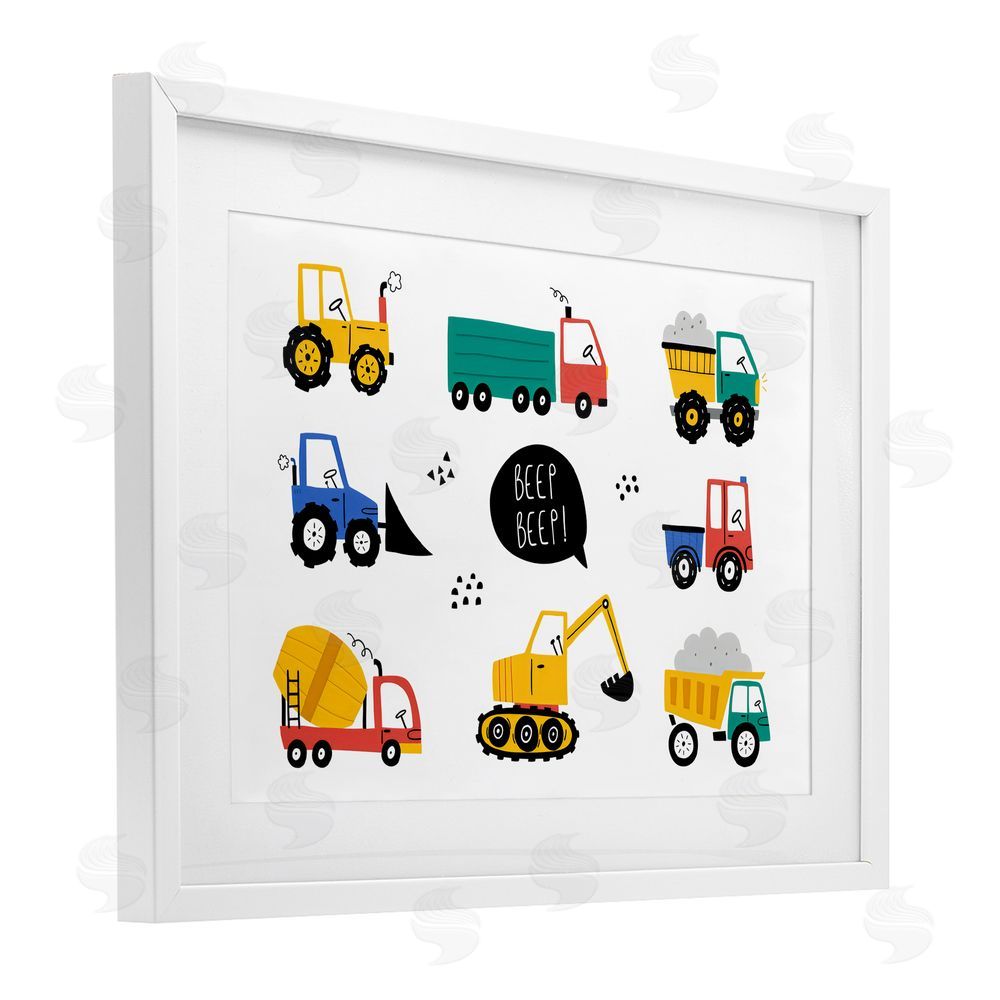 Creative Studio Beep Construction Vehicles White Framed Print Under Glass Wall Art