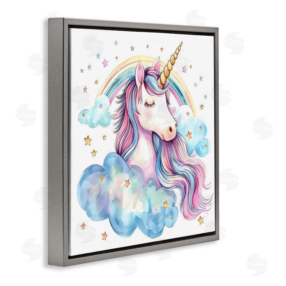 Creative Studio Cute Happy Unicorn & Rainbow Gray Floating Frame Wall Art Print