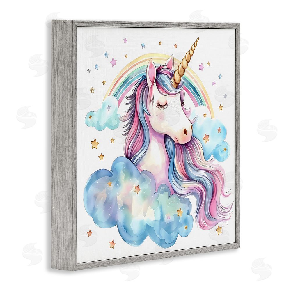 Creative Studio Cute Happy Unicorn & Rainbow Gray Framed Giclee Wall Art Print