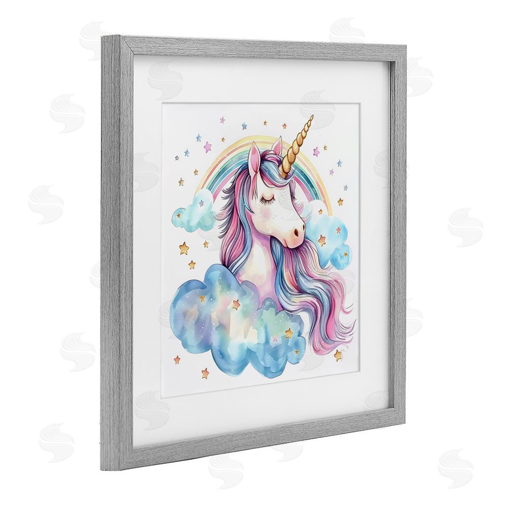 Creative Studio Cute Happy Unicorn & Rainbow Gray Framed Print Under Glass Wall Art
