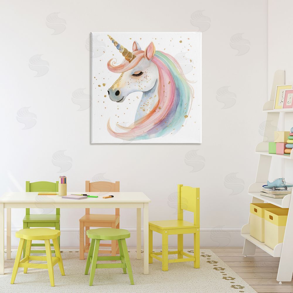 Creative Studio Gold Speckled Pastel Unicorn Stretched Canvas Wall Art in Room