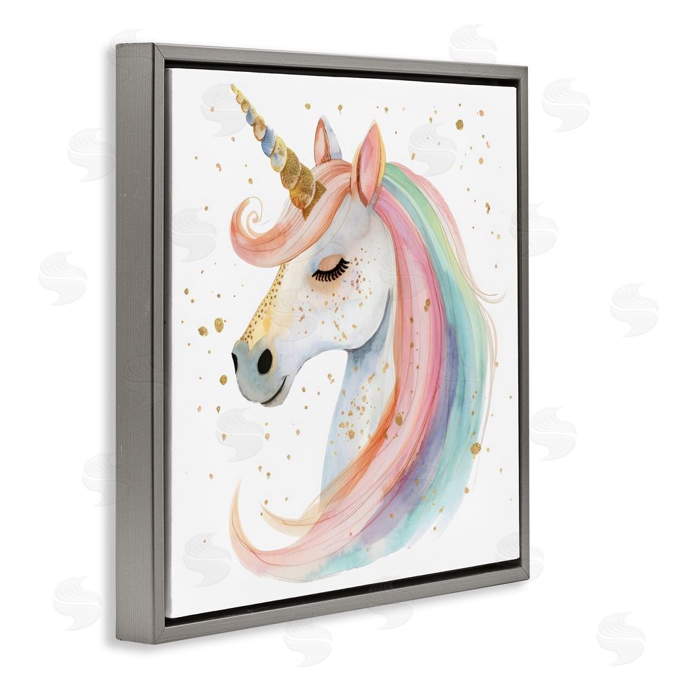 Creative Studio Gold Speckled Pastel Unicorn Gray Floating Frame Canvas Wall Art