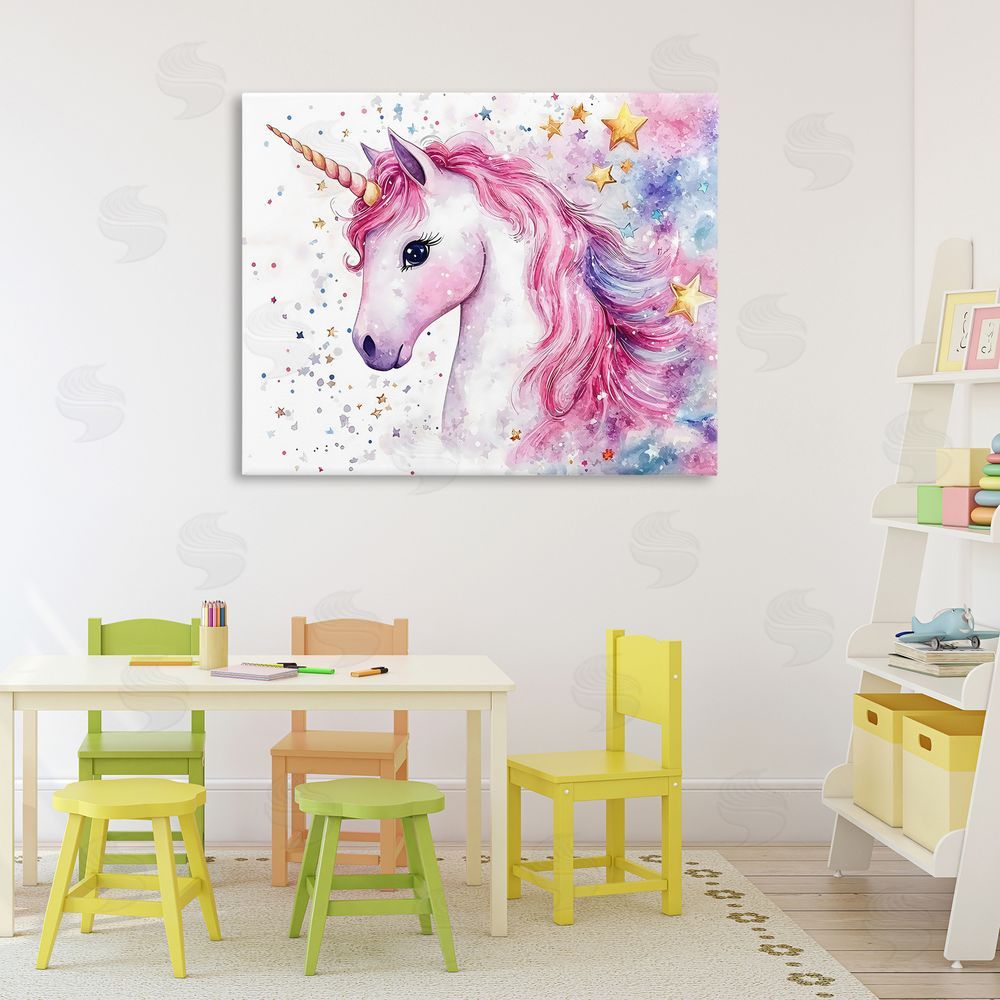 Creative Studio Pink Mane Unicorn with Stars Stretched Canvas Wall Art Print in Room