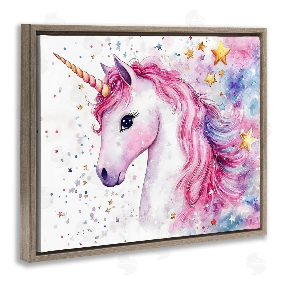 Creative Studio Pink Mane Unicorn with Stars Brown Floating Frame Canvas Wall Art Print
