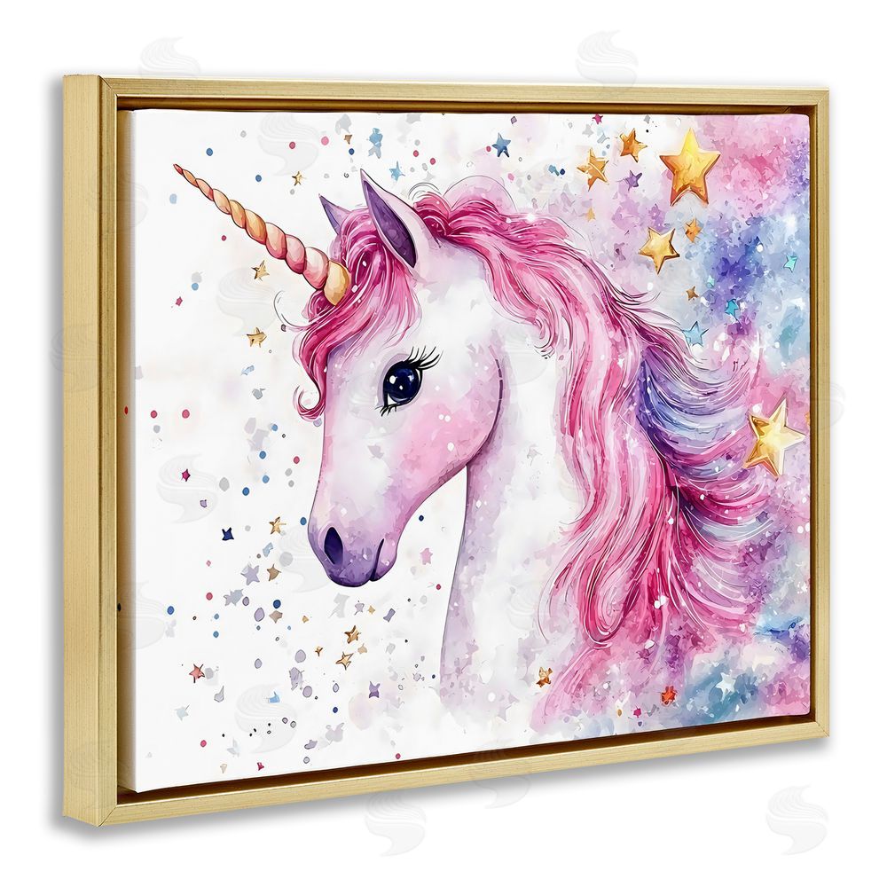 Creative Studio Pink Mane Unicorn with Stars Gold Floating Frame Canvas Wall Art Print