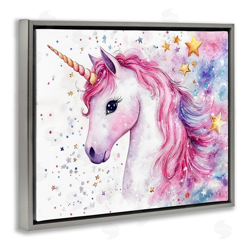 Creative Studio Pink Mane Unicorn with Stars Gray Floating Frame Canvas Wall Art Print