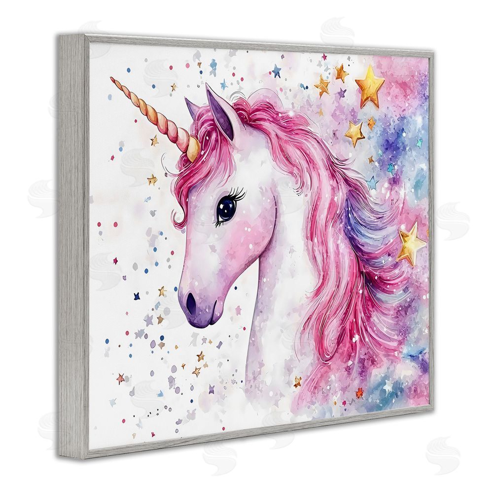 Creative Studio Pink Mane Unicorn with Stars Gray Framed Giclee Wall Art Print