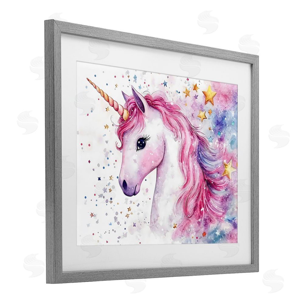 Creative Studio Pink Mane Unicorn with Stars Gray Framed Print Under Glass Wall Art