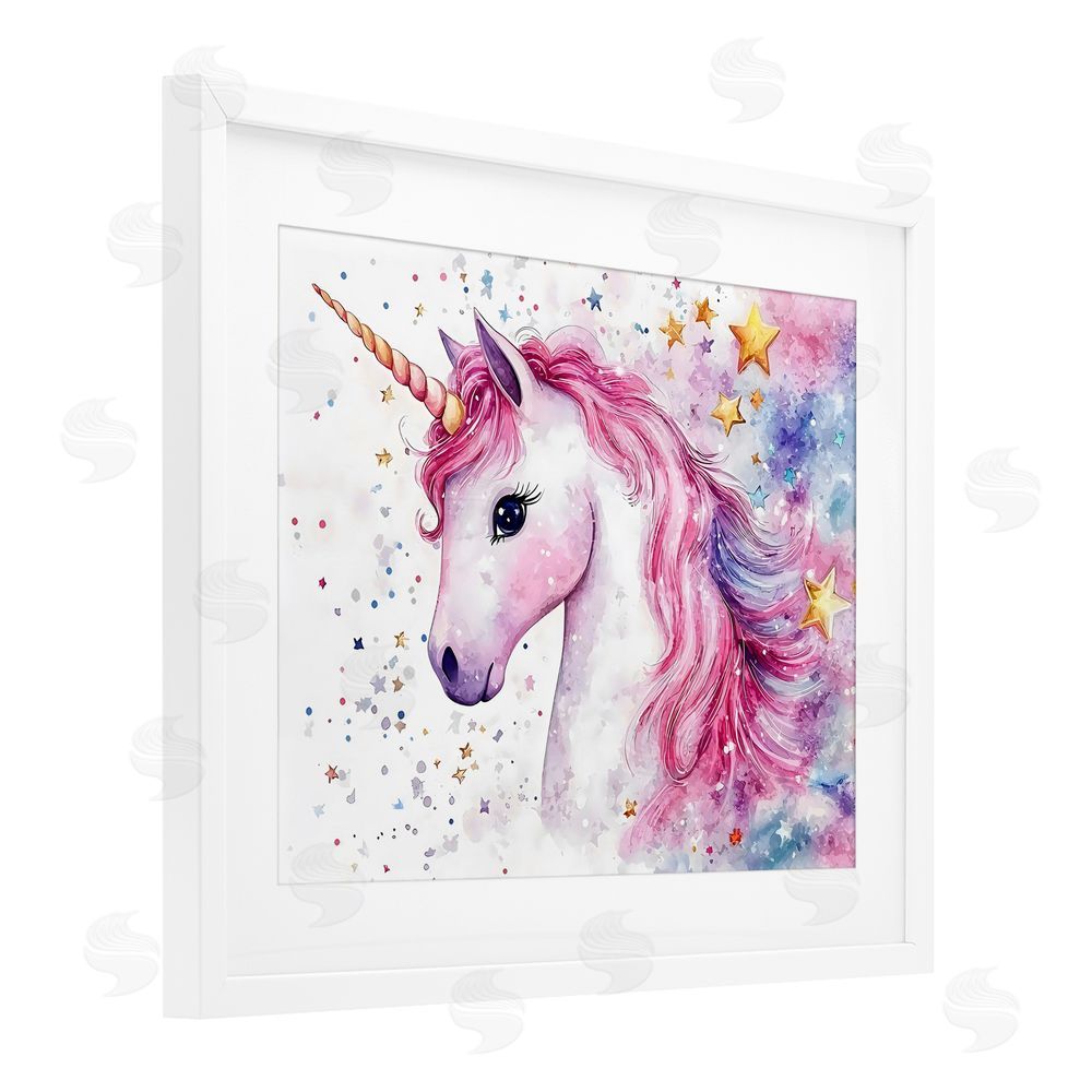 Creative Studio Pink Mane Unicorn with Stars White Framed Print Under Glass Wall Art