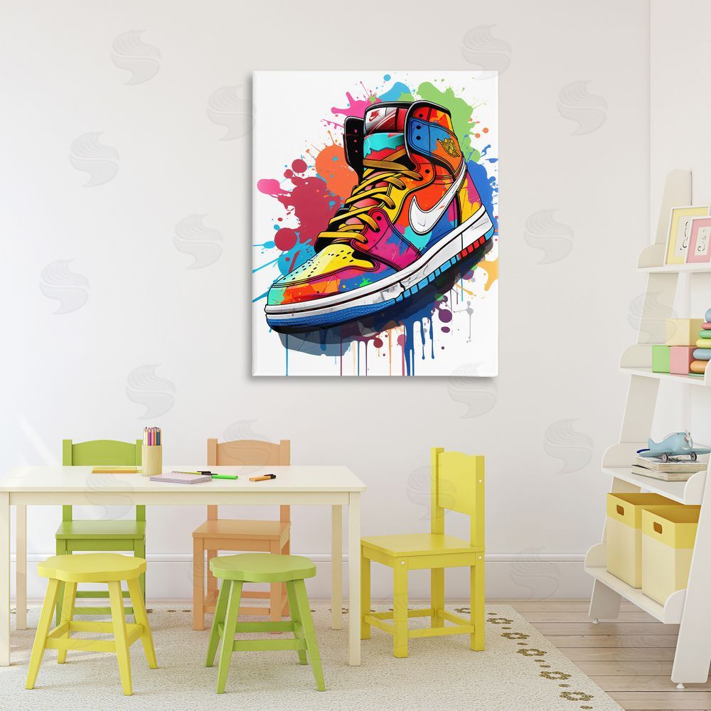 Creative Studio Graffiti Sneaker on White Stretched Canvas Wall Art in Room