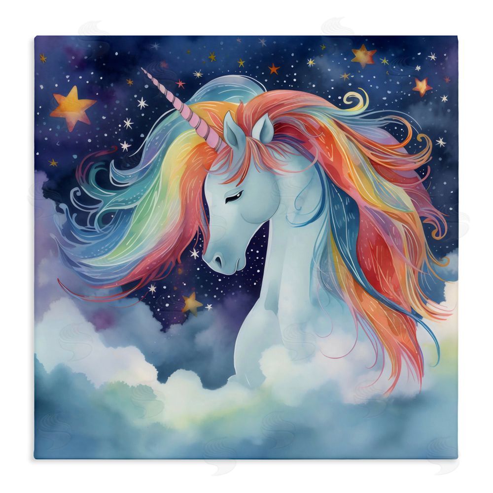 Creative Studio Rainbow Mane Unicorn in Clouds Stretched Canvas Wall Art Print