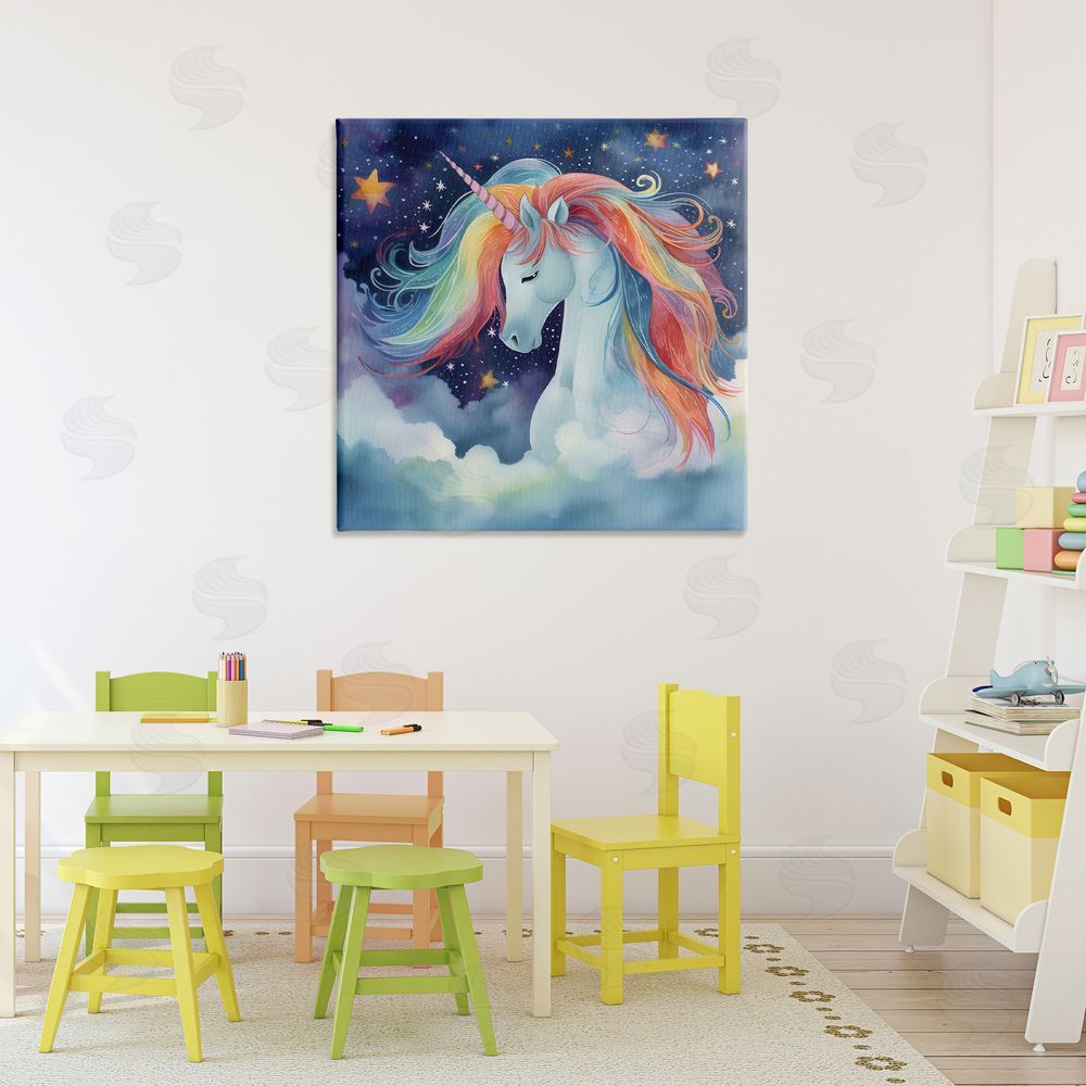 Creative Studio Rainbow Mane Unicorn in Clouds Stretched Canvas Wall Art Print in Room