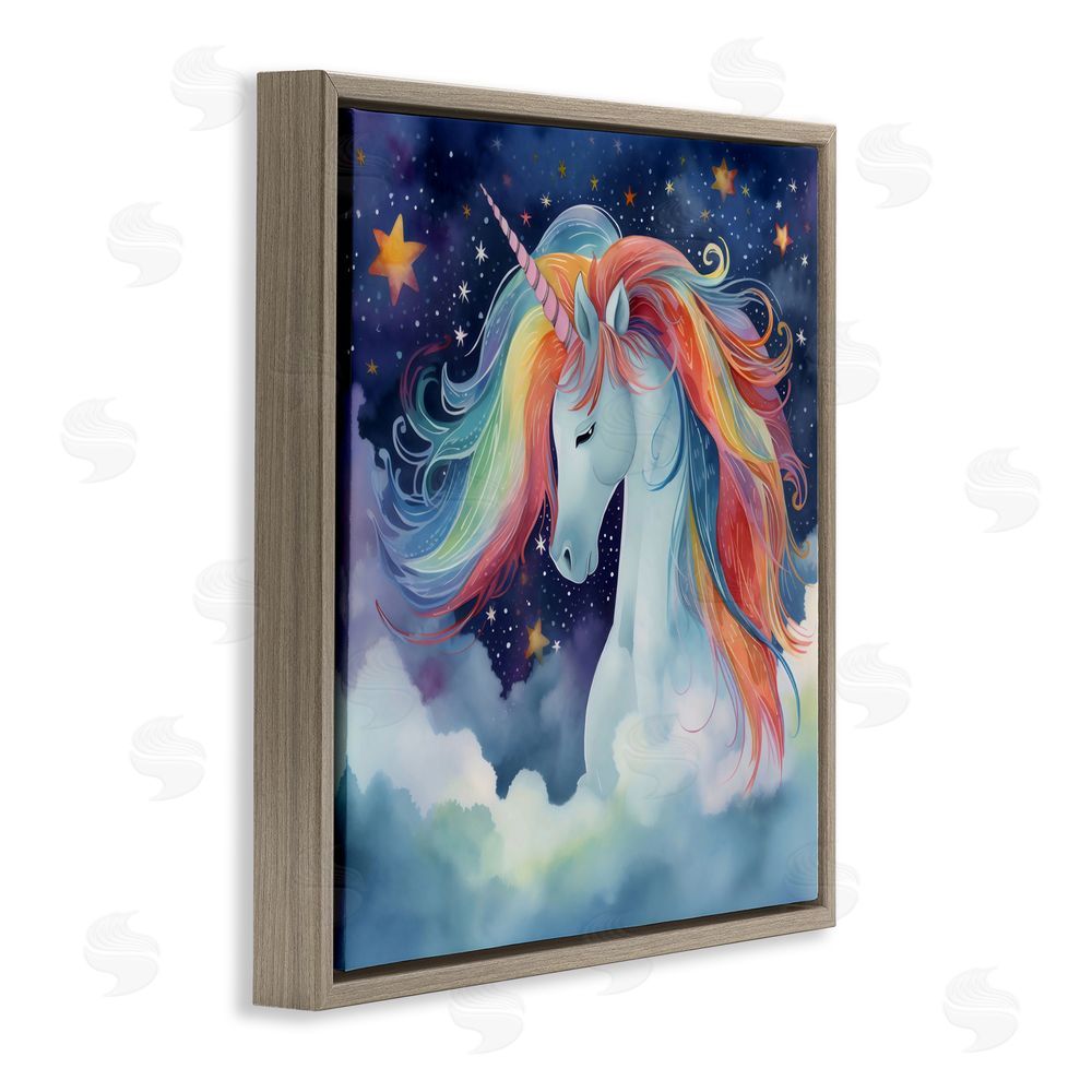 Creative Studio Rainbow Mane Unicorn in Clouds Brown Floating Frame Canvas Wall Art Print