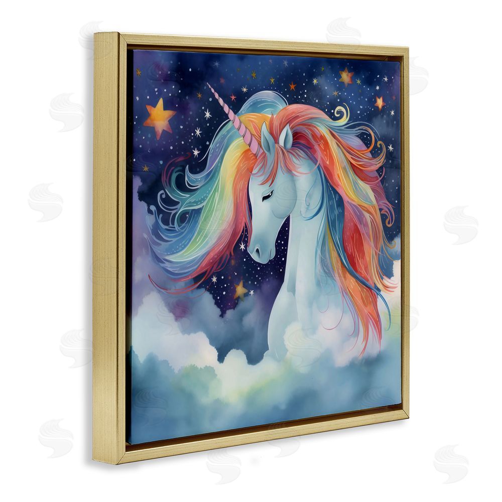 Creative Studio Rainbow Mane Unicorn in Clouds Gold Floating Frame Canvas Wall Art Print